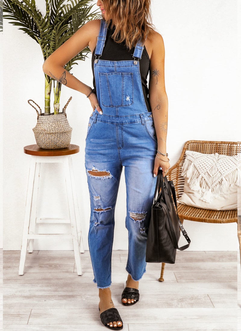 luvamia Women's Casual Distressed Adjustable Denim Bib Overalls Jeans Pants Jumpsuits Blue Size Small - Image 4
